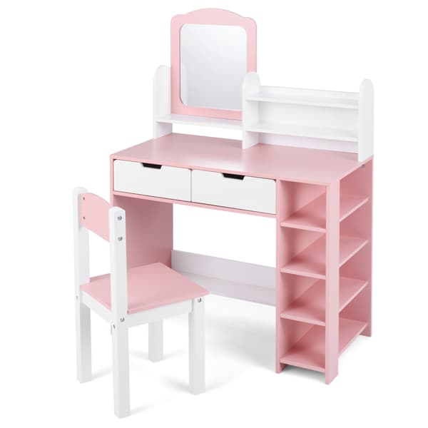 Barnmöbelset med spegel, stol och förvaring – rosa och vitt