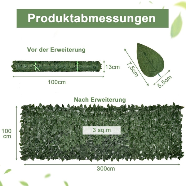 300 x 100 cm konstgjorda växtväggmurgrönablad insynsskydd häck växt vindskydd
