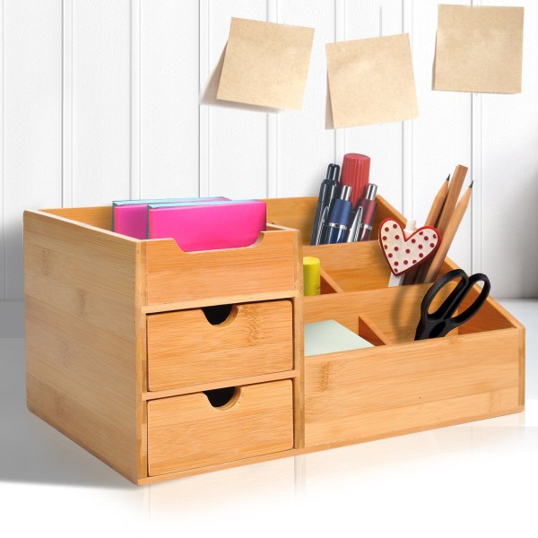 Desk Organizer Kontoropbevaringsboks Med 2 Skuffer, Organization & Order, Natural, L33 X B20,5 X H15,5 Cm