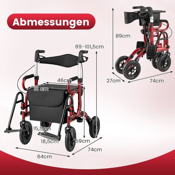 Hopfällbar lättviktsrollator med pneumatiska däck och säte