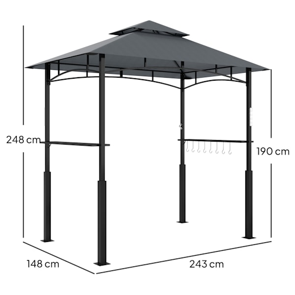 Grillpaviljong med LED 243 x 148 x 248 cm vattentät flamskyddad trädgårdspaviljong med dubbeltak, sidohyllor, lusthus med UV-skydd, BBQ-paviljong av m