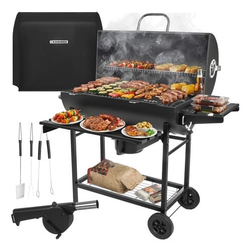 Trädgårdsgrill med kol, lock, termometer och hyllor