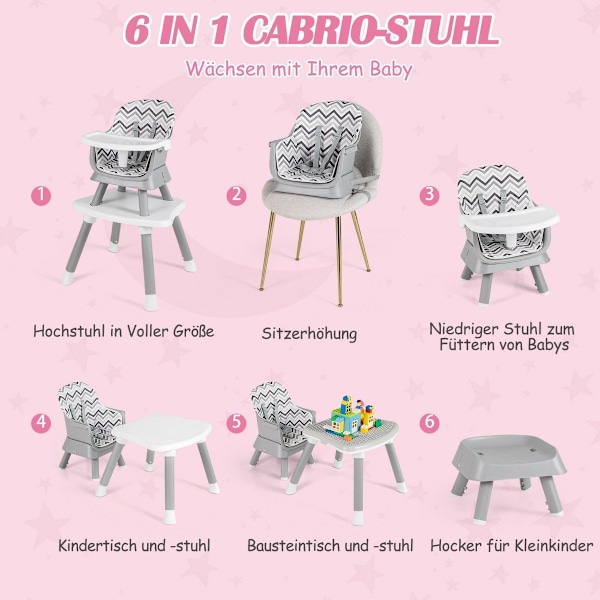 6-i-1 Barnstol Barnstol &amp; Matstol &amp; Lärbord barnstol kombination barnstol grå och vit