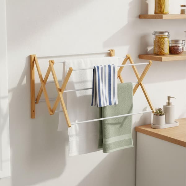Väggmonterad torkställning i bambu, platsbesparande design
