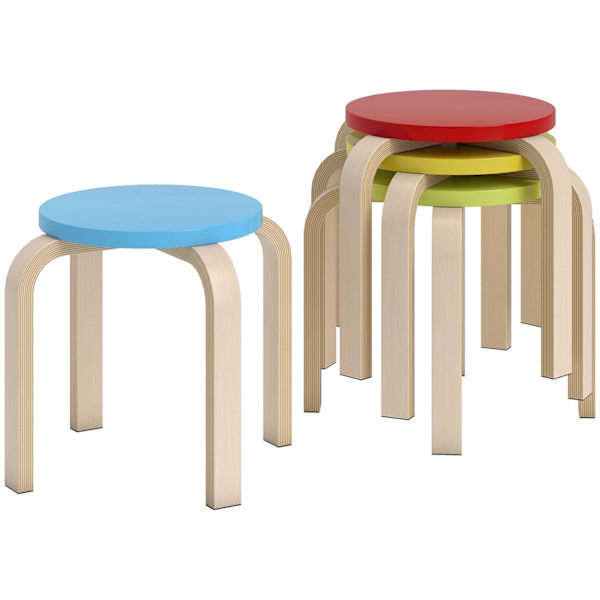4 staplar med fotkuddar av filt, björkplywood, lackad, färgad