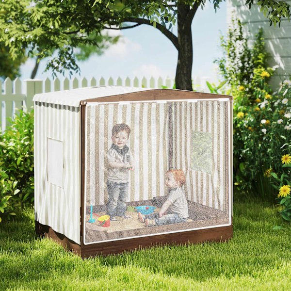 Sandkasse med baldakin og netdør, 142 x 101,5 cm træsandkasse med bænk, opbevaringsplads, gulvbeskyttelse, til 4 børn 3-6 år brun