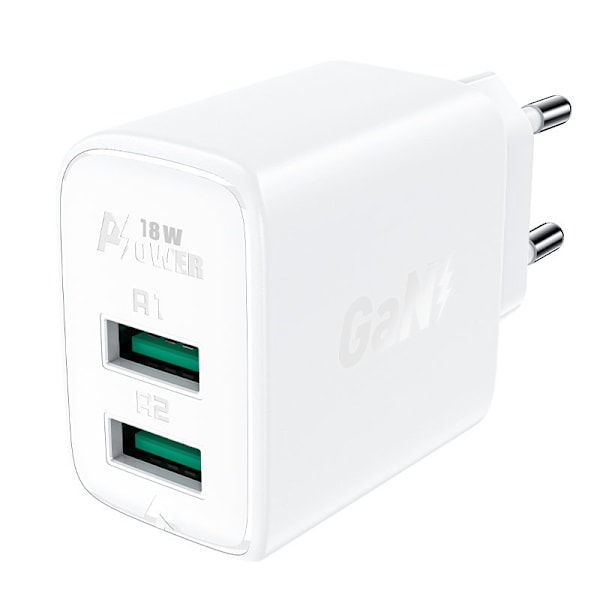 GaN netværksoplader 2x USB 18W QC 3.0 AFC FCP hvid