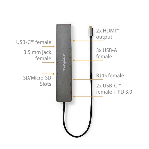 USB Multi-Port Adapter | USB 3.2 Gen 1 | USB-C™ Han | Micro SD / RJ45 Hun / SD / 2x HDMI™ / 2x USB-C™ / 3x USB-A Hun | 0.40 m | Runde | Guldplateret |