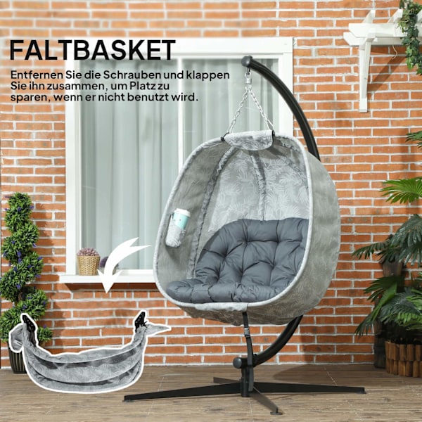 Äggformad hängstol för utomhusbruk, hopfällbar hänggunga med ram, sittdynor, hängmatta för 1 person, gungstol inomhus utomhus, uteplats, trädgård, grå
