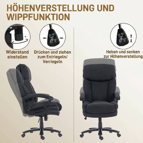 Ergonomisk kontorstol, fløjlslook, høj ryg, sort, 200 kg kapacitet
