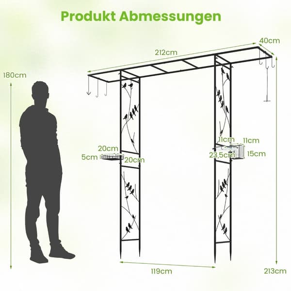 Havebue med fuglefoder og vandskål, sort, 213 cm