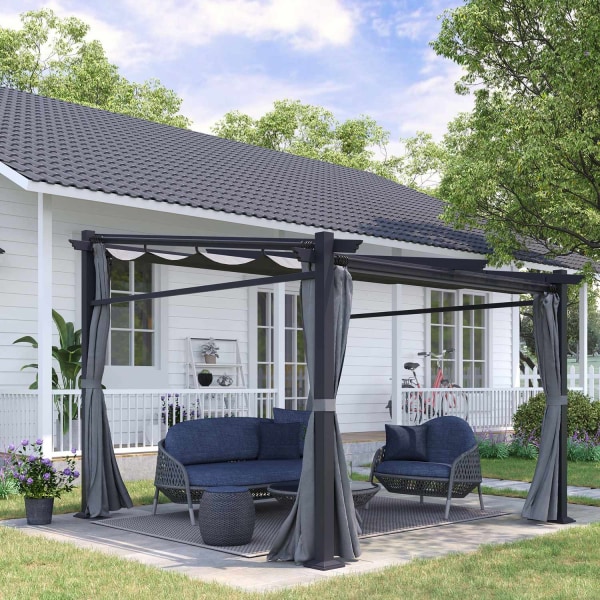 Pergola 2,97X2,95M Vandafvisende Lysthus Med Solsejl Og Sidepaneler, Polyester, Mørkegrå