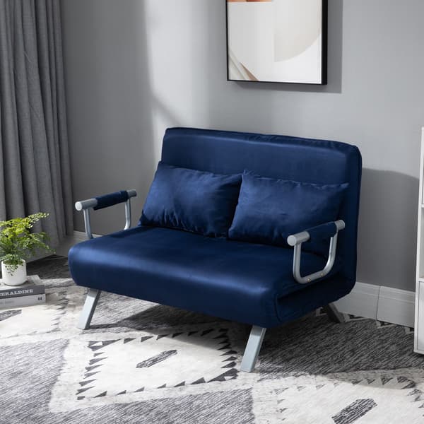 Bäddsoffa, 2-sits soffa med sovfunktion och justerbart ryggstöd, soffa med kuddar i sammetslook, stoppad soffa för vardagsrum och sovrum, blå