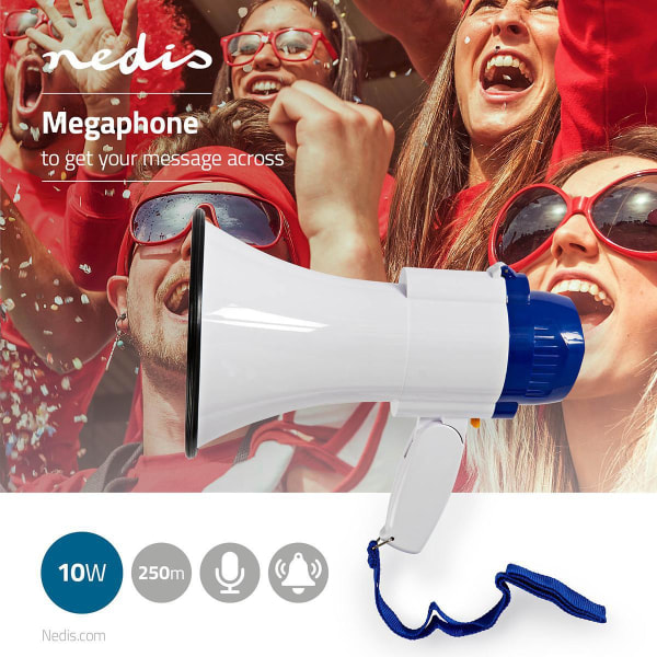 Megafon | Maksimum rækkevidde: 250 m | Maksimal volumenkontrol: 115 dB | Indbygget mikrofon | Indbygget sirene | Optagefunktion | Blå / Hvid