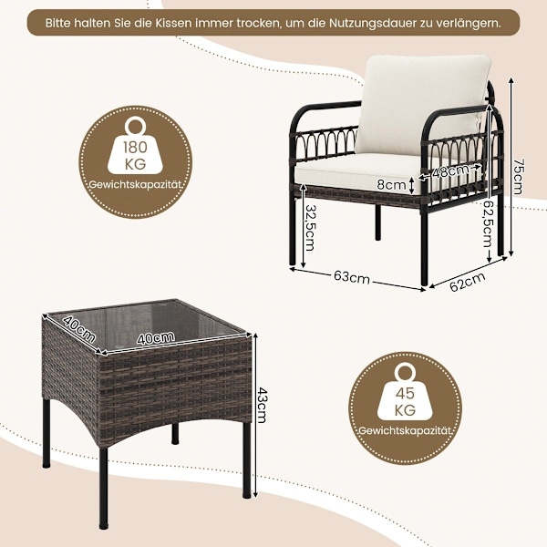 3 stk Rattan lænestol sæt med glas sidebord & hynder samtale sæt havemøbel sæt terrassestole