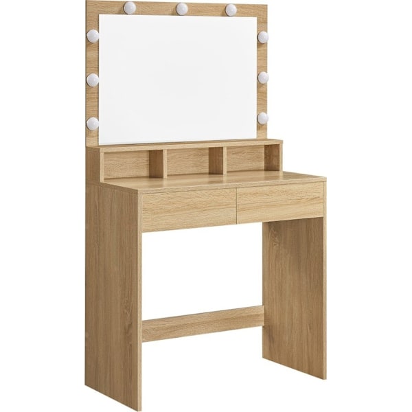 Stort kosmetisk toiletbord med LED-belysning, spejl, skuffer, eg Sonoma