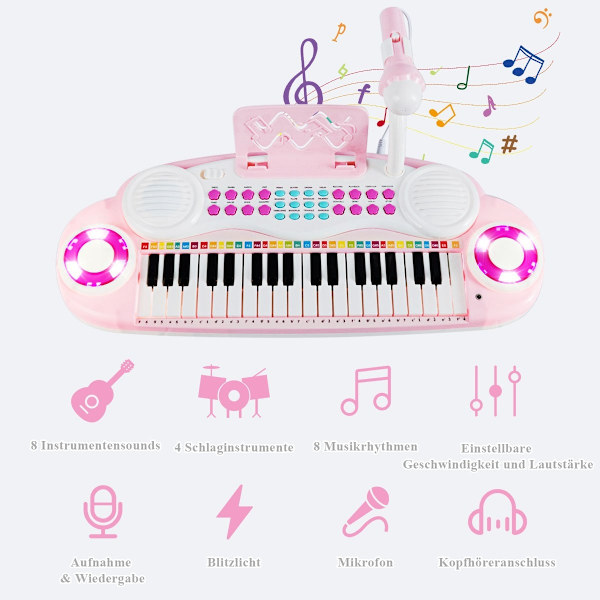 37 tangenter Piano Keyboard Børne Keyboard med Stand Pædagogisk Keyboard 48 x 20 x 38 cm Pink