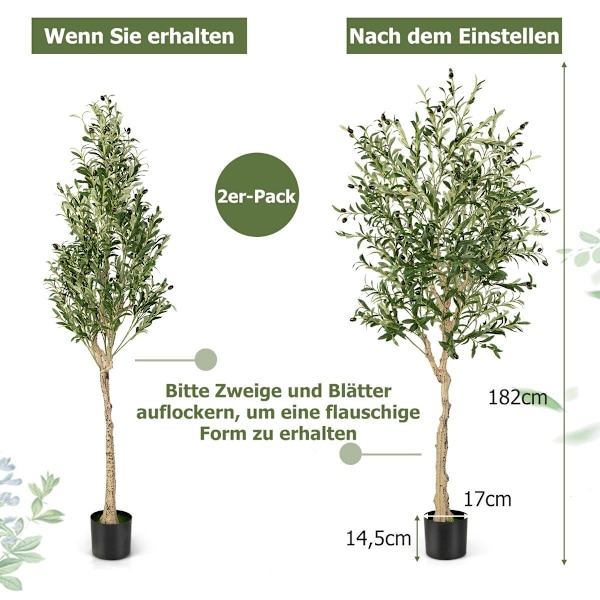Kunstigt oliventræ med 1296 blade & 72 frugter olivenplanter 182 cm