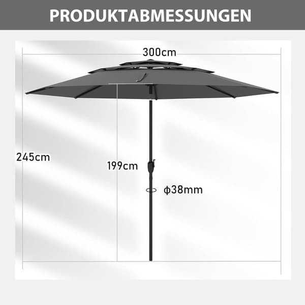 3-lags terrasseparasol, håndsvingbar, vippebar, 300 cm, grå