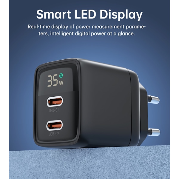 Liten, kraftfull GaN 2x USB-C PD 35W nätverksladdare med display, svart