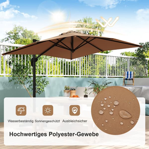 Rektangulær, fritstående parasol 250x250 cm med håndsving, brun