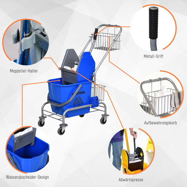 Rengøringsvogn husholdningsvogn professionel bagepressespand 26 L + opbevaringskurv blå 73L x 45W x 95H cm Aosom