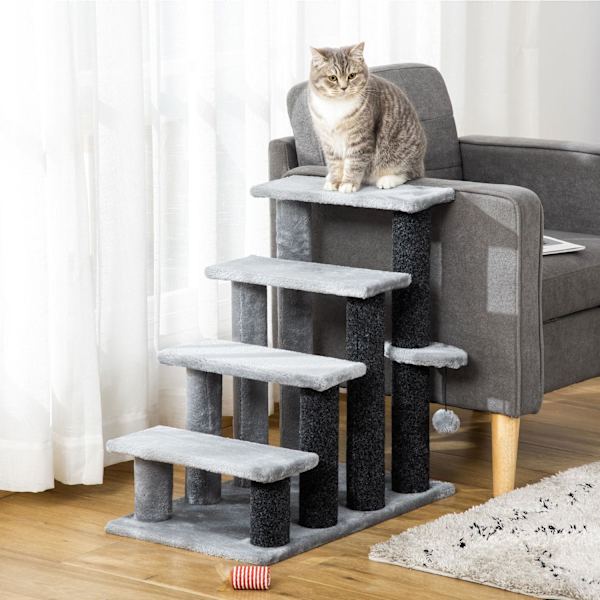 Pet Trappe Kattetrappe Med Kradsestolpe Bold 4-Trins Hundetrappe Dyretrappe Spånplade Plys Jute Grå 60 X 40 X 64 Cm