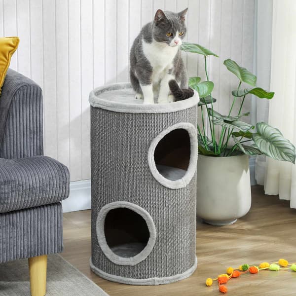 Kradsetårn til katte, 2 niveauer, sisal og plys, lysegrå