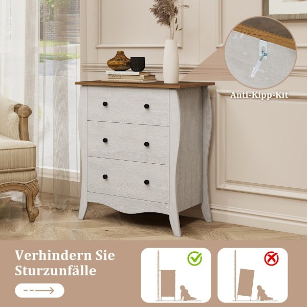 Byrå med 3 vikbara tyglådor, skänk i lantlig stil, grått lådskåp