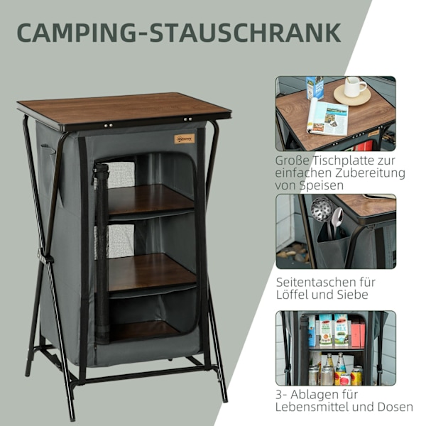 Camping kaappi kokoontaitettava keittiölaatikko vetoketjulla, kannettava retkeilykeittiö työtasolla, 3 hyllyä, kantolaukku Oxford tummanharmaa 60 x 50