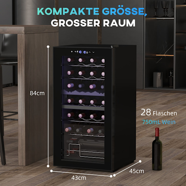Vinkøleskab 2 zoner 28 flasker 74L 5-18℃ Kompressordrinkskøleskab med LED-lys, Anti-UV-glasdør, lille vinskabsflaskekøleskab med berøringsskærm Sort
