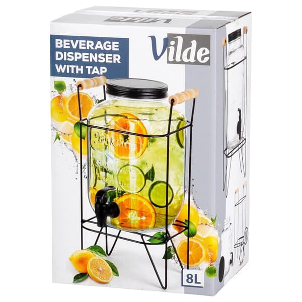 Drikkevaredispenser med tap og stativ, 8L glas