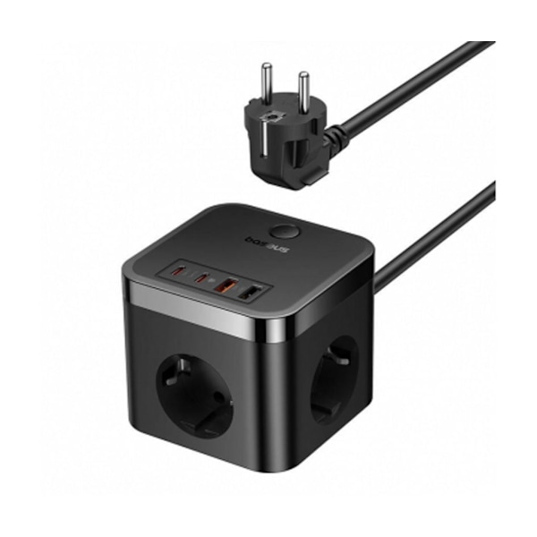 Baseus PowerCombo Cube Vægoplader, 4000W, 2x USB-A, 2x USB-C, 3x EU-stik Sort