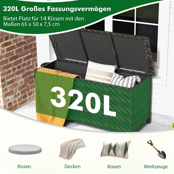 Pudeboks med hjul og 320L kapacitet vandtæt pudeboks polyrattan opbevaringsboks