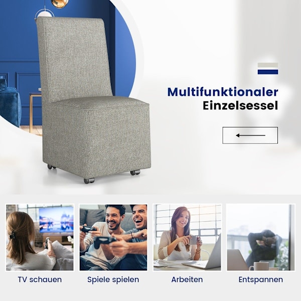 Moderne armløs accentstol med modstandshjul og aftageligt betræk behagelig læsestol 47 x 60,5 x 98 cm