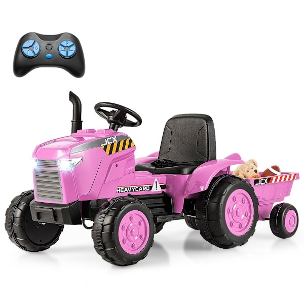 2 i 1 elektriske børnetraktorer med trailer &amp; Fjernbetjening elektrisk legetøjsbil Pink