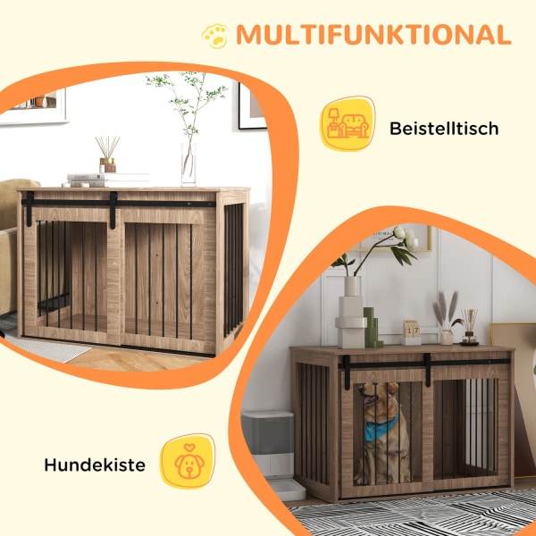 Hundebur Hundeboks Med Skydedør, Indendørs Hundehus Med Trælook, Lås, Til Store Hunde Op Til 30 Kg, 98 X 58 X 67 Cm, Valnød
