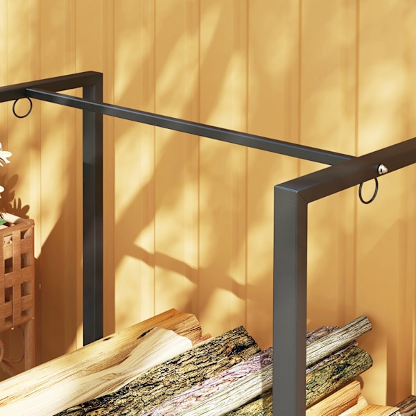 Brændestativ 240 x 32 x 115 cm brændestativ med to sektioner, tre kroge, brændestativ til udendørs, indendørs, op til 300 kg, stål, sort