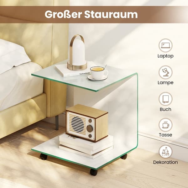 C-format sidobord i glas med hjul – vitt, 12 mm glas