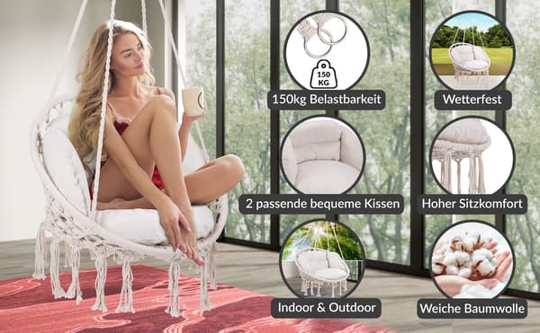 Krämfärgad boho hängstol med kuddar, inomhus/utomhus