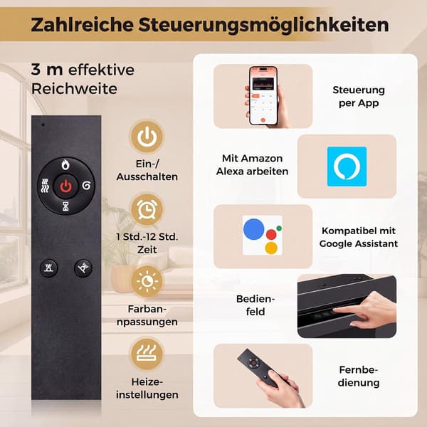 42" elektrisk pejs med smart styring og varmelegeme