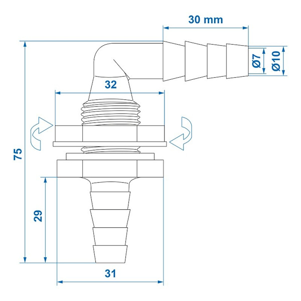 Vesisäiliön liitin liittimellä 90 astetta 1/2" 10x12mm läpipainopakkauksessa