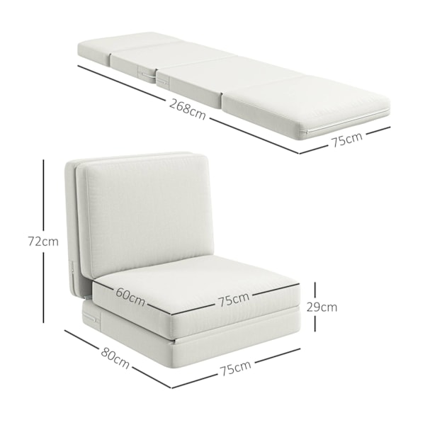Gulvsofa 3-i-1 sammenfoldelig sovesofa med fløjlslook, polstret sovesofa kan holde op til 240 kg, til soveværelse, stue, cremehvid