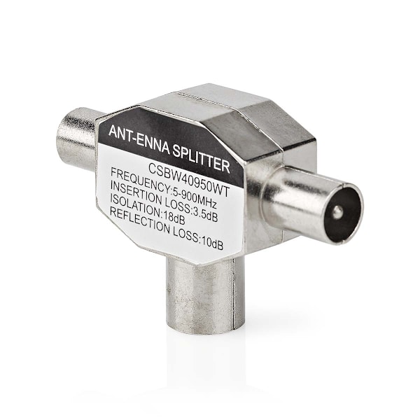 Satelliitti- ja antenni-sovitin | 2x koaksiaali uros | IEC (Coax) Naaras | Niklattu | 75 Ohm | T-jakaja | Metalli | Valkoinen | 1 kpl | Laatikko