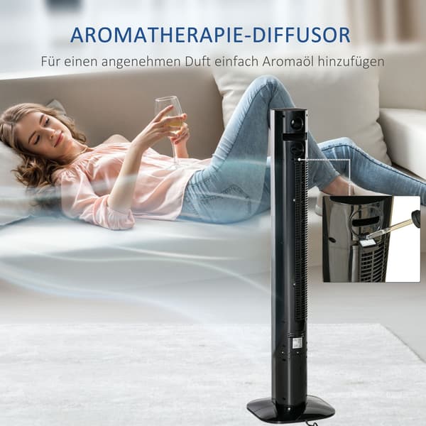 Tower Ventilator Søjleventilator Med Fjernbetjening, Aroma Diffuser, Timer, 3 Niveauer, 45W, 70° Oscillation, Sort
