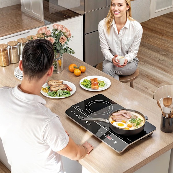 Induktionshäll häll 2 plattor bärbar induktionshäll med 8 effektnivåer och 10 temperaturnivåer, 3500 W, barnsäkerhetslås, timer, svart