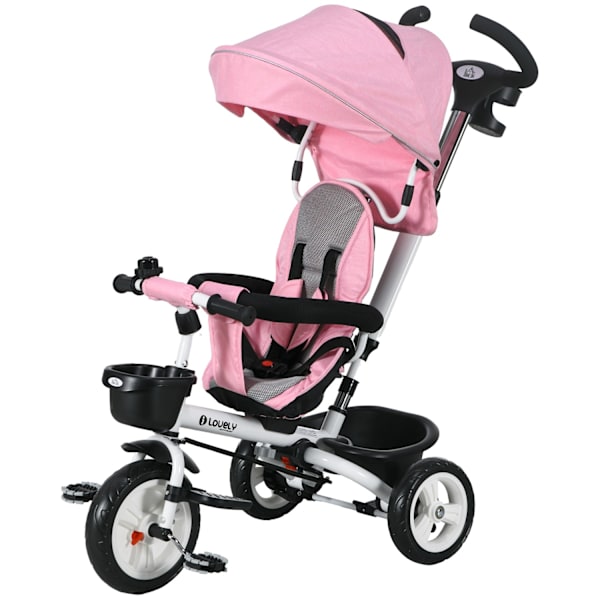 2-In-1 Kolmipyörän Työntötanko Lasten Kolmipyörän Turvavyö Taitettava Aurinkokatos Juomapidike Koripoljin 1-5 Vuotta Pinkki