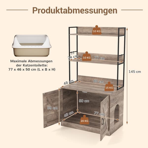 Kattsandskåp med bokhylla, grå, multifunktionell