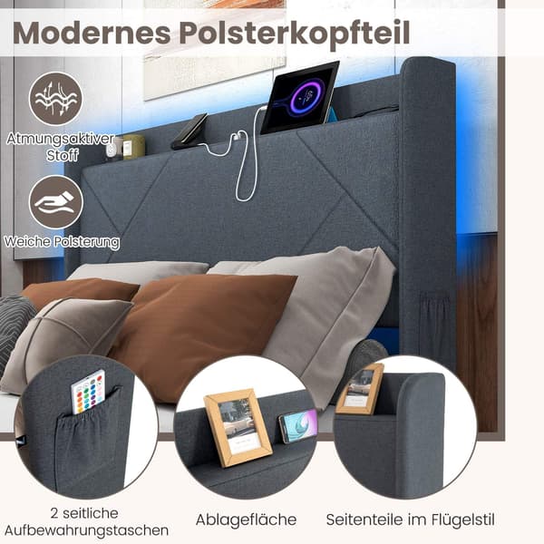 Platformseng med LED-lys, ladestation, grå, 200x160 cm
