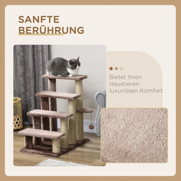 4-stegs katttrappa med skrapstolpe, upp till 5 kg, husdjurstrappa med lekboll, hundtrappa, djurtrappa, plysch, brun, 60 x 40 x 64 cm